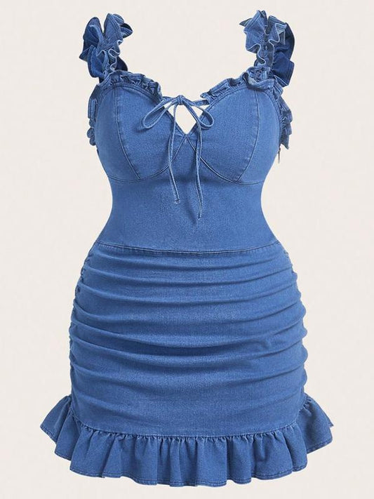 🏆LAST DAY SALE 50% OFF🔥 Plus Size Bodycon Denim Dress – Ruched & Ruffled, Designed to Flatter Curves – Effortlessly Chic Summer Staple for Every Body 💃