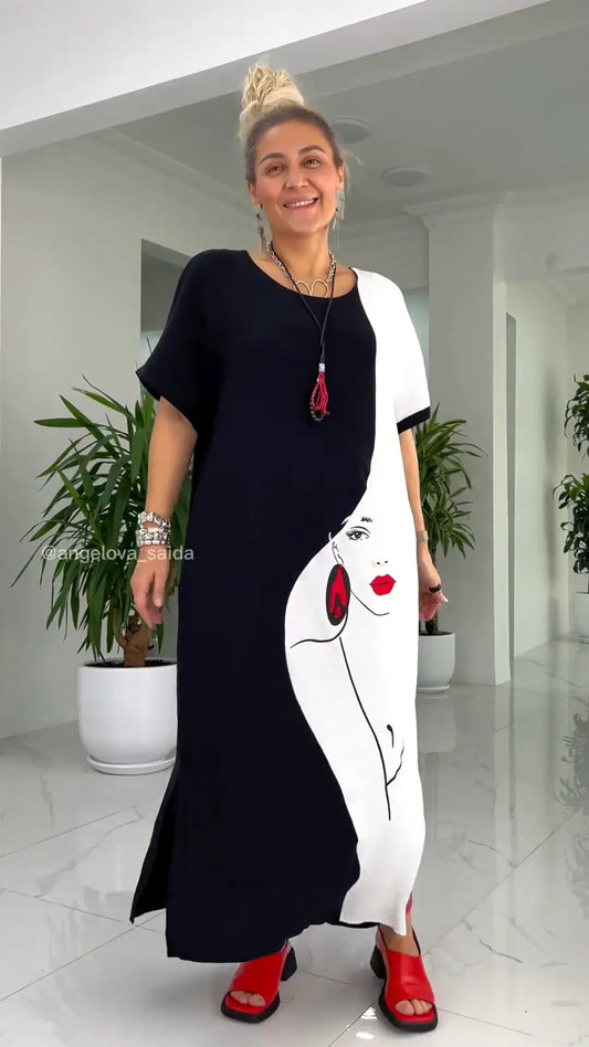 🔥🌷Last Day Promotion 49% OFF - 👗Lovely Black White Abstract Face Print Loose Maxi Dress