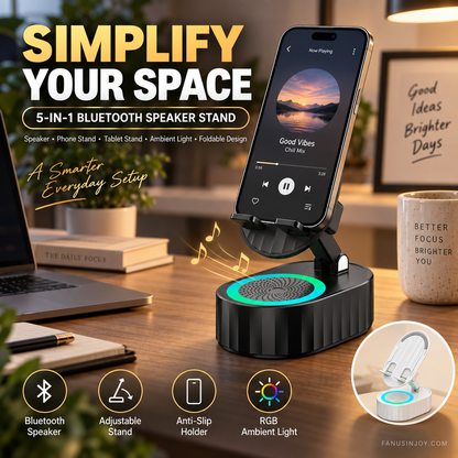 📱 5-in-1 Wireless Induction Bluetooth Speaker Phone Stand 🔊– Multi-Function Desk Gadget for Music, Calls & Hands-Free Viewing ✨