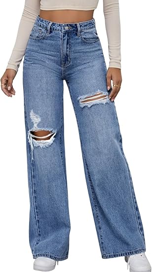 💃 High-Waisted Ripped Wide-Leg Jeans – Designed to elongate the legs and flatter the waist. A loose, relaxed fit through the hip and thigh with a gentle distressed finish. Button fly, floor-skimming hem & effortless cool for every body shape 🌸
