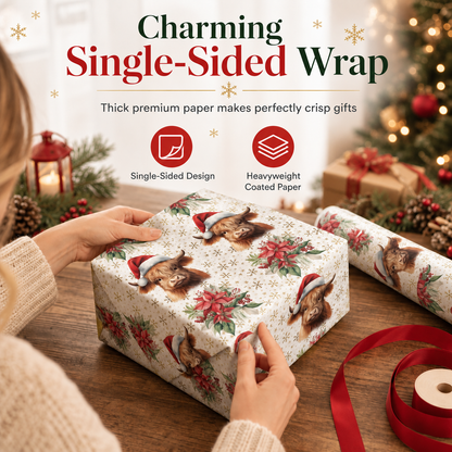 ⏳Holiday Offers🎄Christmas Highland Cow & Floral Gift Wrapping Paper Roll – 43x500cm Holiday Present Wrap for Christmas Gifts, Parties & Crafting ✨