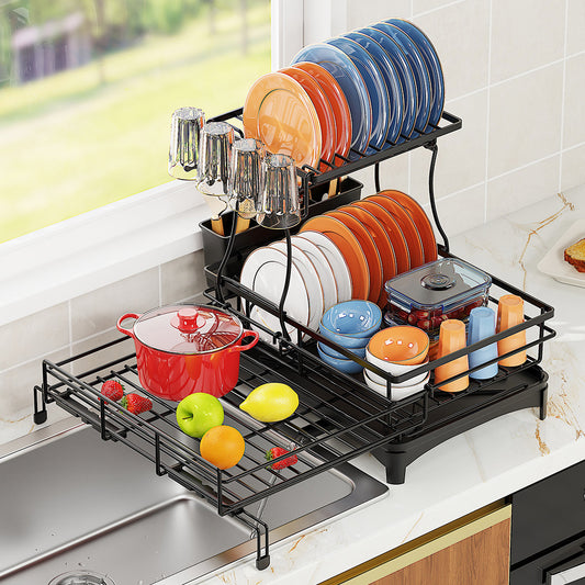 Foldable Over Sink Dish Drying Rack｜Pull-Out 2-Tier Dish Drainer with Utensil Holder｜Space Saving Kitchen Organizer