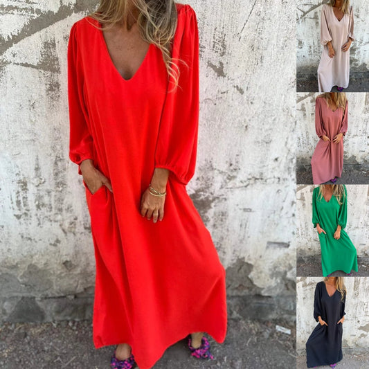 🔥Hot Sale 49% OFF🔥V-neck Solid Color Lantern Sleeve Dress