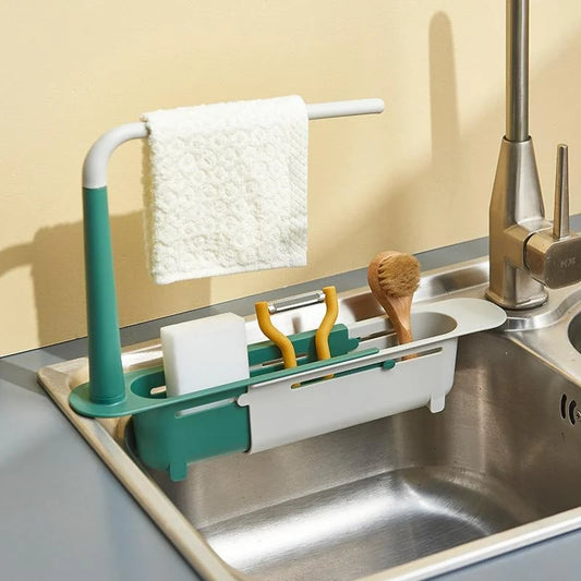 🧽 No-Drill Sink Organiser – Telescopic Stainless Steel Rack with Towel Bar & Drain Holes. 50% Off. UK Stock