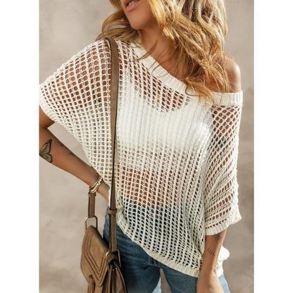 🏖️Women's Summer Scoop Neck ShortSleeve Sweater Casual Crochet Hollow Out KnitTops
