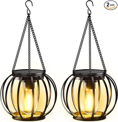 Vintage Metal Solar Lanterns 2PCS Upgraded Hanging Solar Lights Waterproof Outdoor Decorative Lights for Garden Yard Patio Pathway Solar Security Lights
