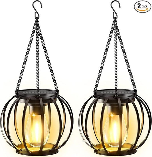 Vintage Metal Solar Lanterns 2PCS Upgraded Hanging Solar Lights Waterproof Outdoor Decorative Lights for Garden Yard Patio Pathway Solar Security Lights