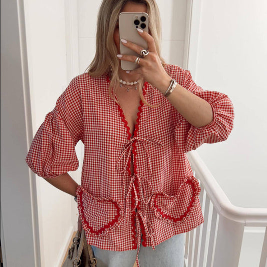 🔥Buy 2 get free shipping🔥Cute Plaid Heart Print Tie Front Shirt