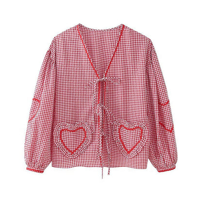 🔥Buy 2 get free shipping🔥Cute Plaid Heart Print Tie Front Shirt
