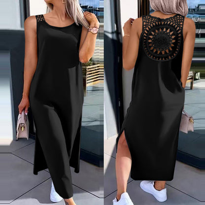 Women's Solid Color Mid-Length Dress with Back Cutout