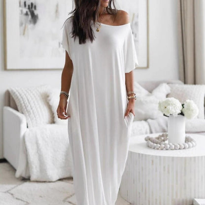 🔥Last Day Special Discount💃Women's Summer Casual Loose Solid Color Short-Sleeve Long Dress