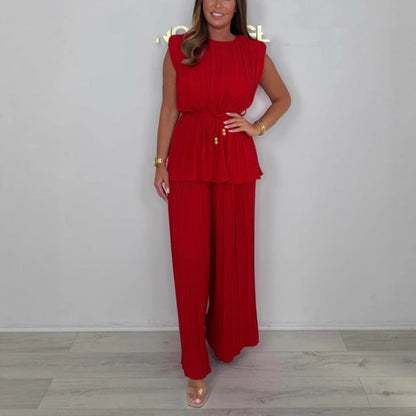 Women's Sleeveless Belted Top and Long Pants Set