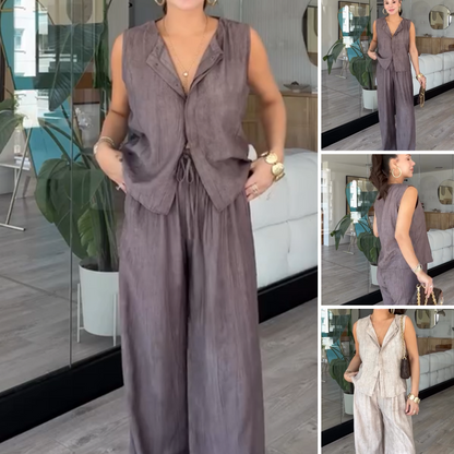 Women's Sleeveless Button Down Vest & Pants Set
