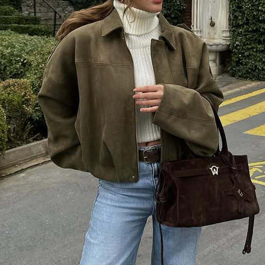 Fashion Solid Color Loose Zipper Jacket