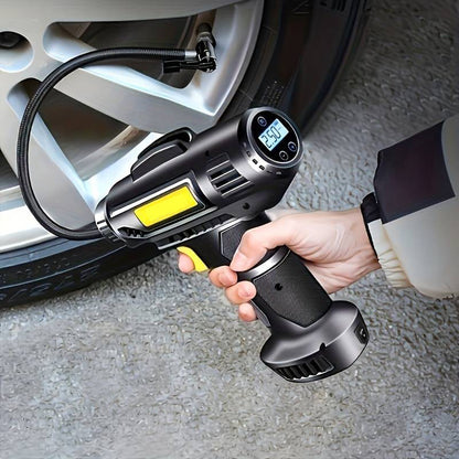 💨One Pump for Every Tyre – Portable 120W Air Compressor with 3 Nozzles & Universal Fit.