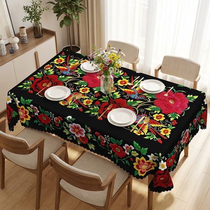 📢📢 50% OFF !! ⏰ Mexican Floral Tablecloth with Scalloped Edge – Vibrant Print, Soft Drape & Perfect for Dining Tables, Garden Parties & Everyday Meals 🌺✨
