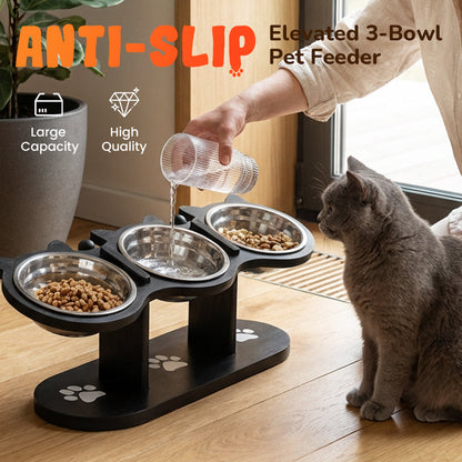 Anti-Slip Elevated 3-Bowl Pet Feeder 🍲 Raised for Comfort, Three Bowls for Variety – Mealtime Made Easy ✨