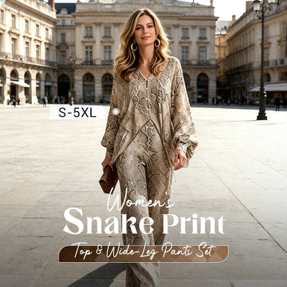 Women's Snake Print Top & Wide-Leg Pants Set