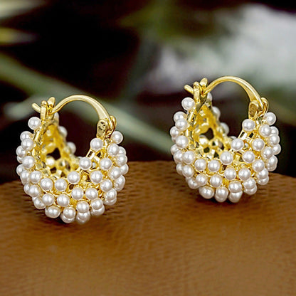 🔥 Limited-Time Offer!  JUST ￡6.66！！💍 Faux Pearl Basket Hoop Earrings – Gold Tone & Unique Weave, Add Classic Elegance to Everyday Looks 🪀