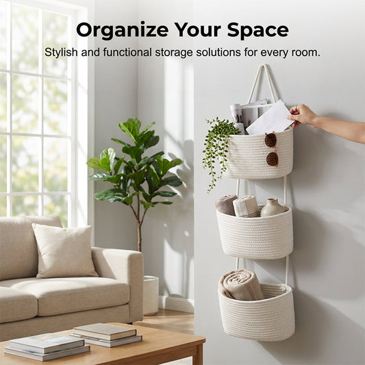 Wall-Hanging 3-Tier Storage Organiser ✨ Boho Charm, Vertical Storage – A Pretty, Practical Solution for Any Room 🏡
