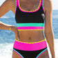 🏖️Hot Sale🌼Color Block Patchwork Nylon Sporty 3-Piece Bikini Set - High Waisted & Tummy Control Swimsuit👙🌈