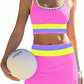🏖️Hot Sale🌼Color Block Patchwork Nylon Sporty 3-Piece Bikini Set - High Waisted & Tummy Control Swimsuit👙🌈