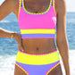 🏖️Hot Sale🌼Color Block Patchwork Nylon Sporty 3-Piece Bikini Set - High Waisted & Tummy Control Swimsuit👙🌈