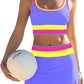 🏖️Hot Sale🌼Color Block Patchwork Nylon Sporty 3-Piece Bikini Set - High Waisted & Tummy Control Swimsuit👙🌈