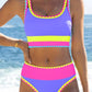 🏖️Hot Sale🌼Color Block Patchwork Nylon Sporty 3-Piece Bikini Set - High Waisted & Tummy Control Swimsuit👙🌈