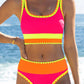 🏖️Hot Sale🌼Color Block Patchwork Nylon Sporty 3-Piece Bikini Set - High Waisted & Tummy Control Swimsuit👙🌈
