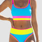 🏖️Hot Sale🌼Color Block Patchwork Nylon Sporty 3-Piece Bikini Set - High Waisted & Tummy Control Swimsuit👙🌈