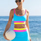 🏖️Hot Sale🌼Color Block Patchwork Nylon Sporty 3-Piece Bikini Set - High Waisted & Tummy Control Swimsuit👙🌈