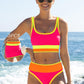 🏖️Hot Sale🌼Color Block Patchwork Nylon Sporty 3-Piece Bikini Set - High Waisted & Tummy Control Swimsuit👙🌈