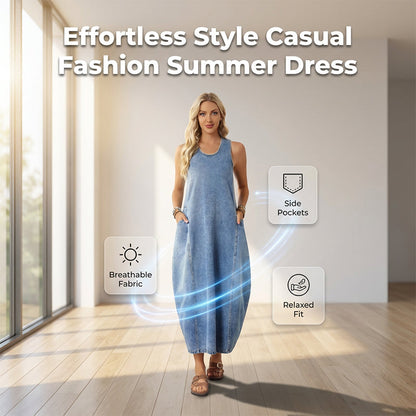 Women's Sleeveless Maxi Denim Dress with Pockets