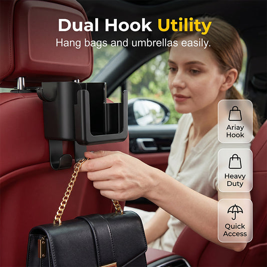🛍️ Car Seat Back Organiser & Cup Holder – Perfect for the weekly shop, school run & road trips. Strong dual hooks hold handbags & shopping totes, while the built-in cup holder prevents spills. A clutter-free backseat in seconds 🧺