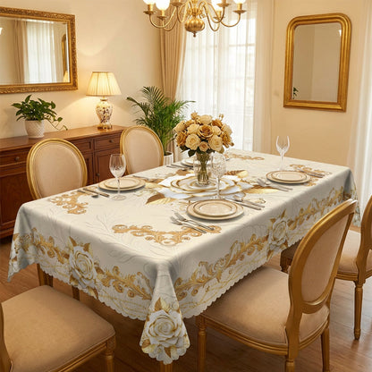 🍽️ Sunday Roast Ready – Waterproof Gold Rose Tablecloth. Embossed & Stain-Proof. Half Price Today. Free UK Delivery