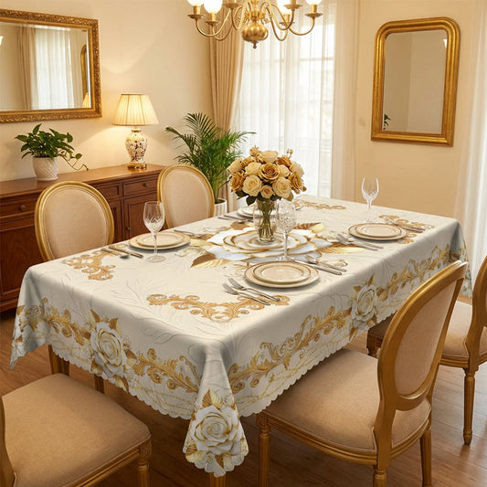 🍽️ Sunday Roast Ready – Waterproof Gold Rose Tablecloth. Embossed & Stain-Proof. Half Price Today. Free UK Delivery
