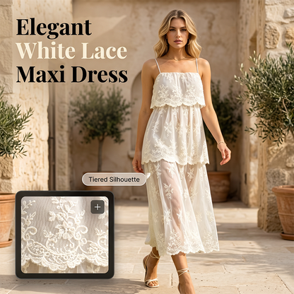 Women's Elegant White Lace Spaghetti Strap Maxi Dress 🤍 Delicate Straps, Timeless Lace – A Dreamy Silhouette for Special Moments ✨