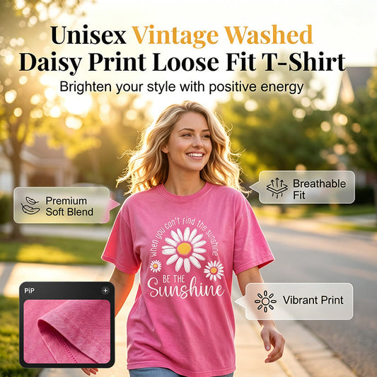 🌼 Unisex Vintage Washed Daisy Print T-Shirt | Relaxed Loose Fit, Soft Retro Fabric & Effortless Street Style