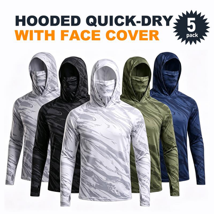 📢📢 50% OFF !! ⏰ Men's 5-Pack UV Protection Hooded Sun Shirts – Long Sleeve, Breathable & Built for Fishing, Hiking & Outdoor Work 🌊✨