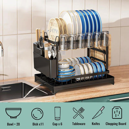 🍽️ Double the Drying Space – 2-Tier Dish Rack with Rustproof Frame & Drainboard. 50% Off. UK Stock