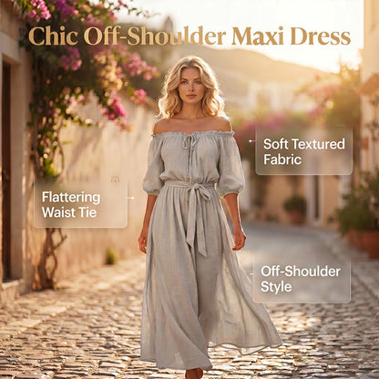 Women's Off-Shoulder Maxi Dress with Waist Tie 🌸 Bare Shoulders, Cinched Waist – A Romantic Silhouette for Sun-Soaked Days ✨