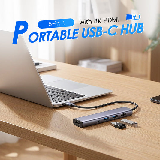 Portable 5-in-1 USB-C Hub with 4K HDMI Output 💻 One Port, Endless Possibilities – Your Laptop's New Best Friend ✨