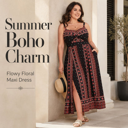 Plus Size Boho Spaghetti Strap Maxi Dress 🌸 Free-Spirited & Flattering – A Flowing Silhouette for Every Curve ✨