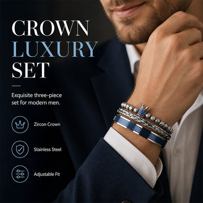 👑 50% OFF! ✨ Men's Stainless Steel Crown Bracelet 3-Piece Set – AAA Zircons, PVD Finish, Adjustable 17–21cm 💎