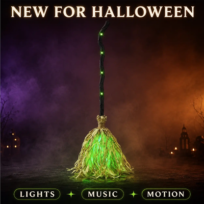 🧹 Animated Witch Broom Halloween Decoration – Walking Feet, 🎃 Spooky Sound & Glowing Green LED | Perfect for Yard & Party 👻
