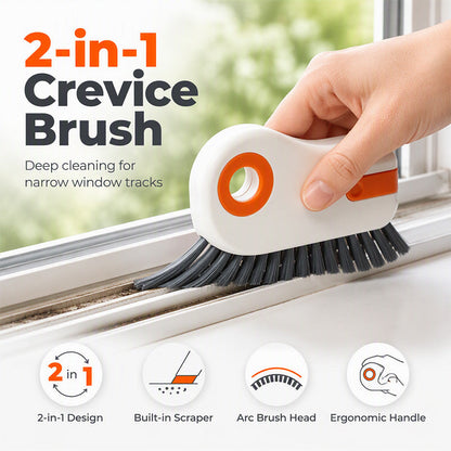 🧹 Clean Window Tracks, Door Rails & Tile Gaps – Hard Bristle Crevice Brush with Built-in Scraper. Half Price. Free UK Delivery