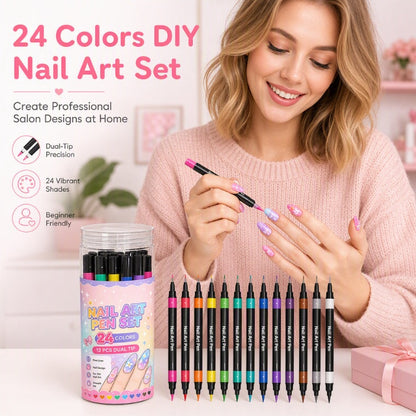 ⏳￡7.99!!—LAST DAY SALE 💕🎁24 Shades Dual-Tip Nail Art Marker Kit, Quick-Dry Painting Pens For DIY Nail Designs💅