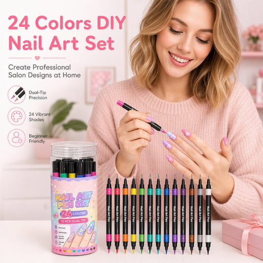 ⏳￡7.99!!—LAST DAY SALE 💕🎁24 Shades Dual-Tip Nail Art Marker Kit, Quick-Dry Painting Pens For DIY Nail Designs💅