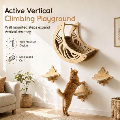 ⏳Limited-Time 50% OFF🐱Wall Mounted Wooden Cat Climbing Set, Solid Wood Cat Perch With 3 Jumping Steps, Moon Hammock & Sisal Mat✨